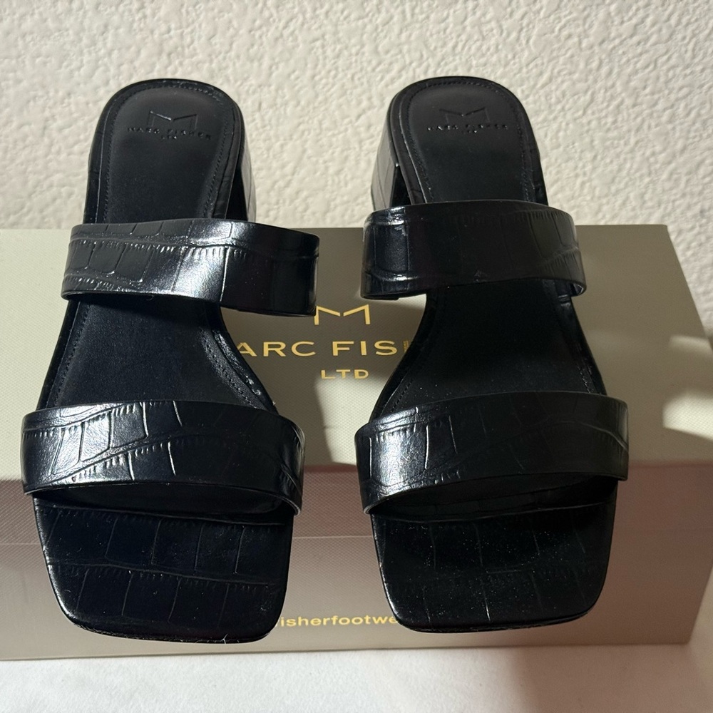 Marc Fisher Black Croc-Embossed Sandals